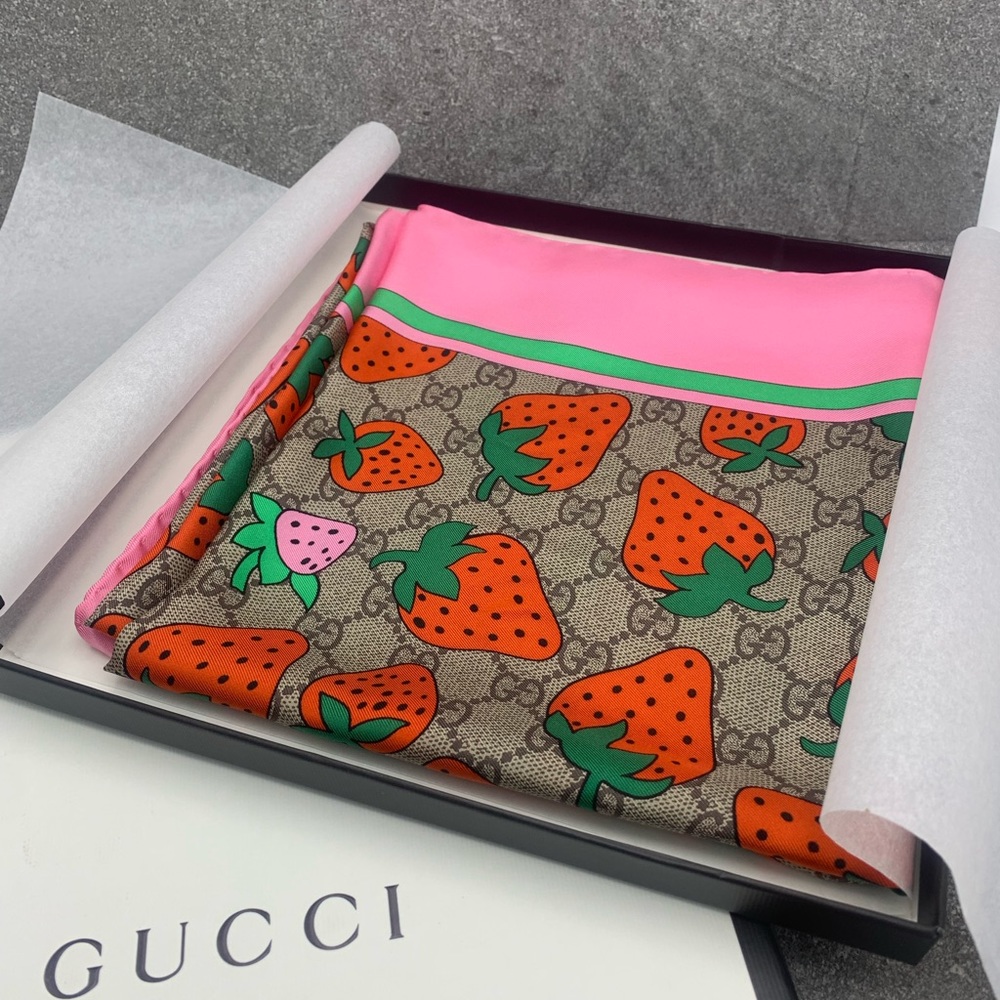 Gucci GG Monogram Strawberry Silk Scarf